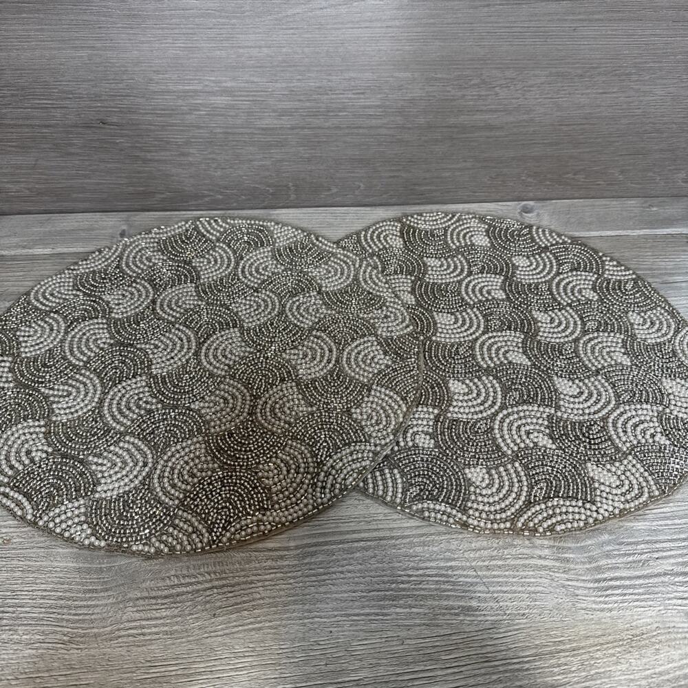 2 Lot White Silver Beaded Placemat Charger Tahari 15" Round - NWT